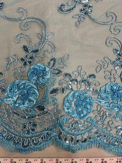 Ryleigh BLUE 3D Floral Embroidery with Foil & Sequins on Mesh Lace Fabric by the Yard - 10010