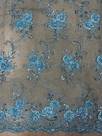 Ryleigh BLUE 3D Floral Embroidery with Foil & Sequins on Mesh Lace Fabric by the Yard - 10010