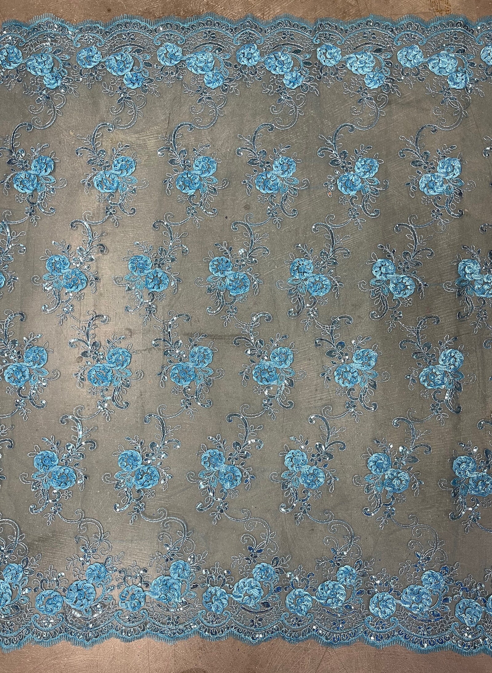 Ryleigh BLUE 3D Floral Embroidery with Foil & Sequins on Mesh Lace Fabric by the Yard - 10010