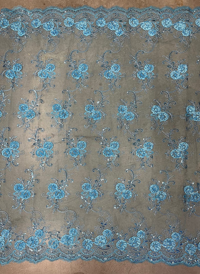 Ryleigh BLUE 3D Floral Embroidery with Foil & Sequins on Mesh Lace Fabric by the Yard - 10010