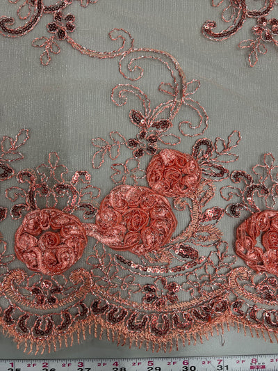 Ryleigh DARK CORAL 3D Floral Embroidery with Foil & Sequins on Mesh Lace Fabric by the Yard - 10010
