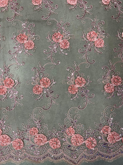 Ryleigh CORAL 3D Floral Embroidery with Foil & Sequins on Mesh Lace Fabric by the Yard - 10010