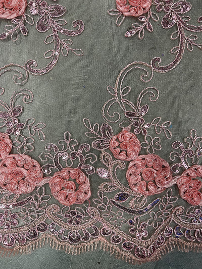 Ryleigh CORAL 3D Floral Embroidery with Foil & Sequins on Mesh Lace Fabric by the Yard - 10010