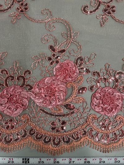 Ryleigh DUSTY PINK 3D Floral Embroidery with Foil & Sequins on CORAL Mesh Lace Fabric by the Yard - 10010