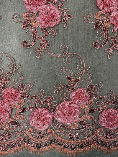 Ryleigh DUSTY PINK 3D Floral Embroidery with Foil & Sequins on CORAL Mesh Lace Fabric by the Yard - 10010