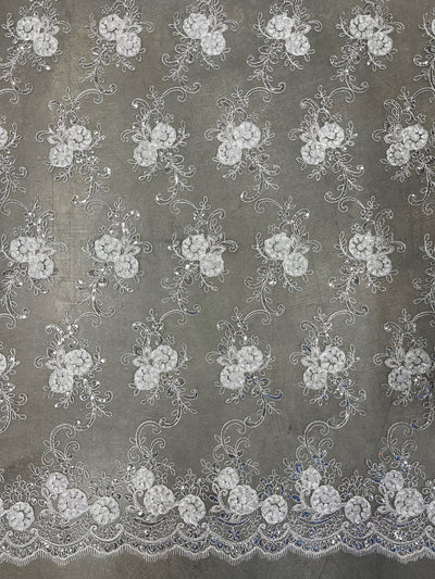 Ryleigh WHITE 3D Floral Embroidery with Foil & Sequins on Mesh Lace Fabric by the Yard - 10010