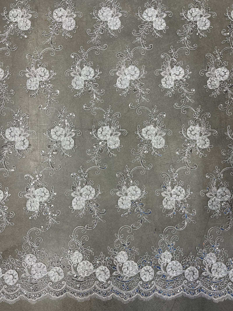 Ryleigh WHITE 3D Floral Embroidery with Foil & Sequins on Mesh Lace Fabric by the Yard - 10010