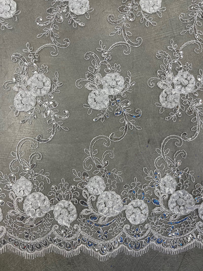 Ryleigh WHITE 3D Floral Embroidery with Foil & Sequins on Mesh Lace Fabric by the Yard - 10010