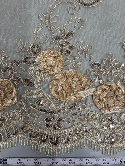 Ryleigh CHAMPAGNE 3D Floral Embroidery with Foil & Sequins on Mesh Lace Fabric by the Yard - 10010