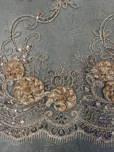 Ryleigh CHAMPAGNE 3D Floral Embroidery with Foil & Sequins on Mesh Lace Fabric by the Yard - 10010