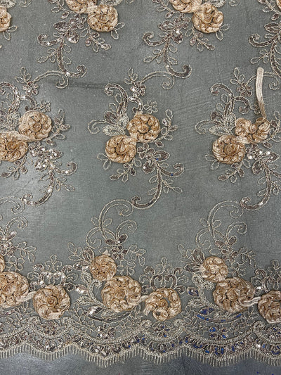 Ryleigh CHAMPAGNE 3D Floral Embroidery with Foil & Sequins on Mesh Lace Fabric by the Yard - 10010