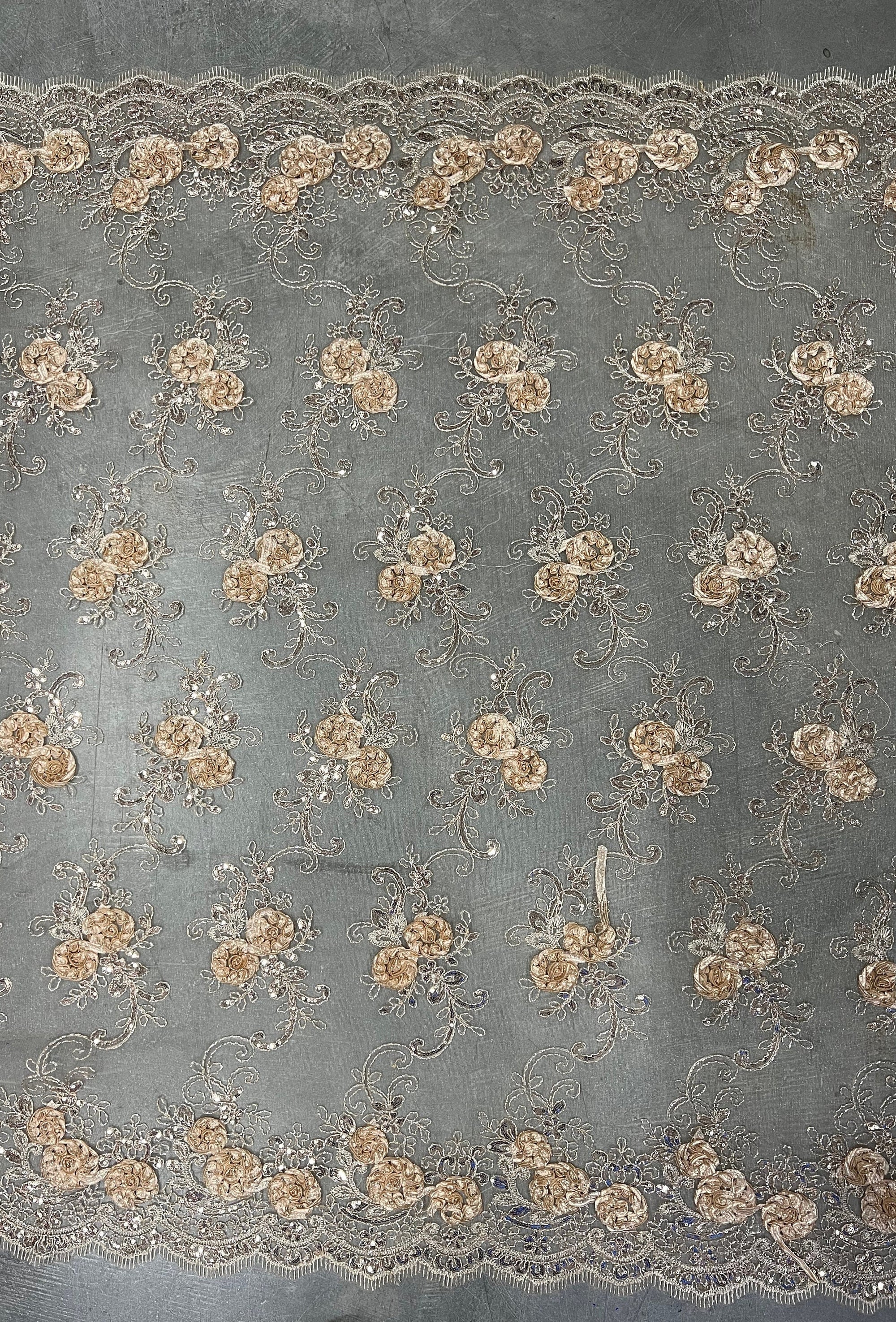 Ryleigh CHAMPAGNE 3D Floral Embroidery with Foil & Sequins on Mesh Lace Fabric by the Yard - 10010