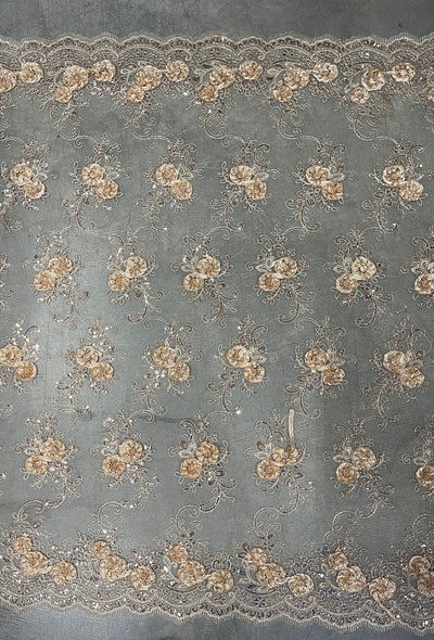 Ryleigh CHAMPAGNE 3D Floral Embroidery with Foil & Sequins on Mesh Lace Fabric by the Yard - 10010