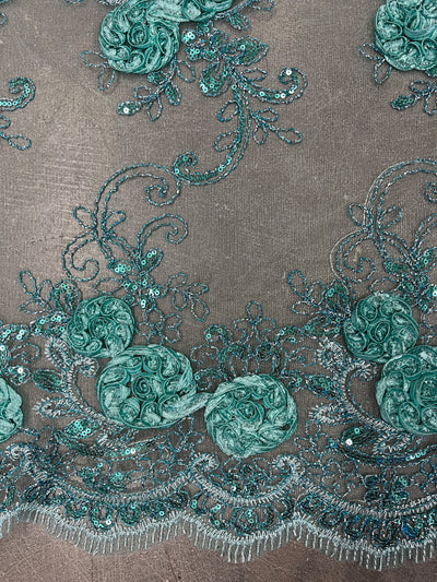 Ryleigh TIFFI BLUE 3D Floral Embroidery with Foil & Sequins on Mesh Lace Fabric by the Yard - 10010