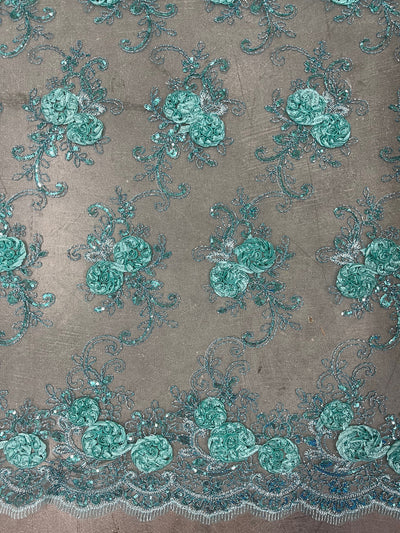 Ryleigh TIFFI BLUE 3D Floral Embroidery with Foil & Sequins on Mesh Lace Fabric by the Yard - 10010