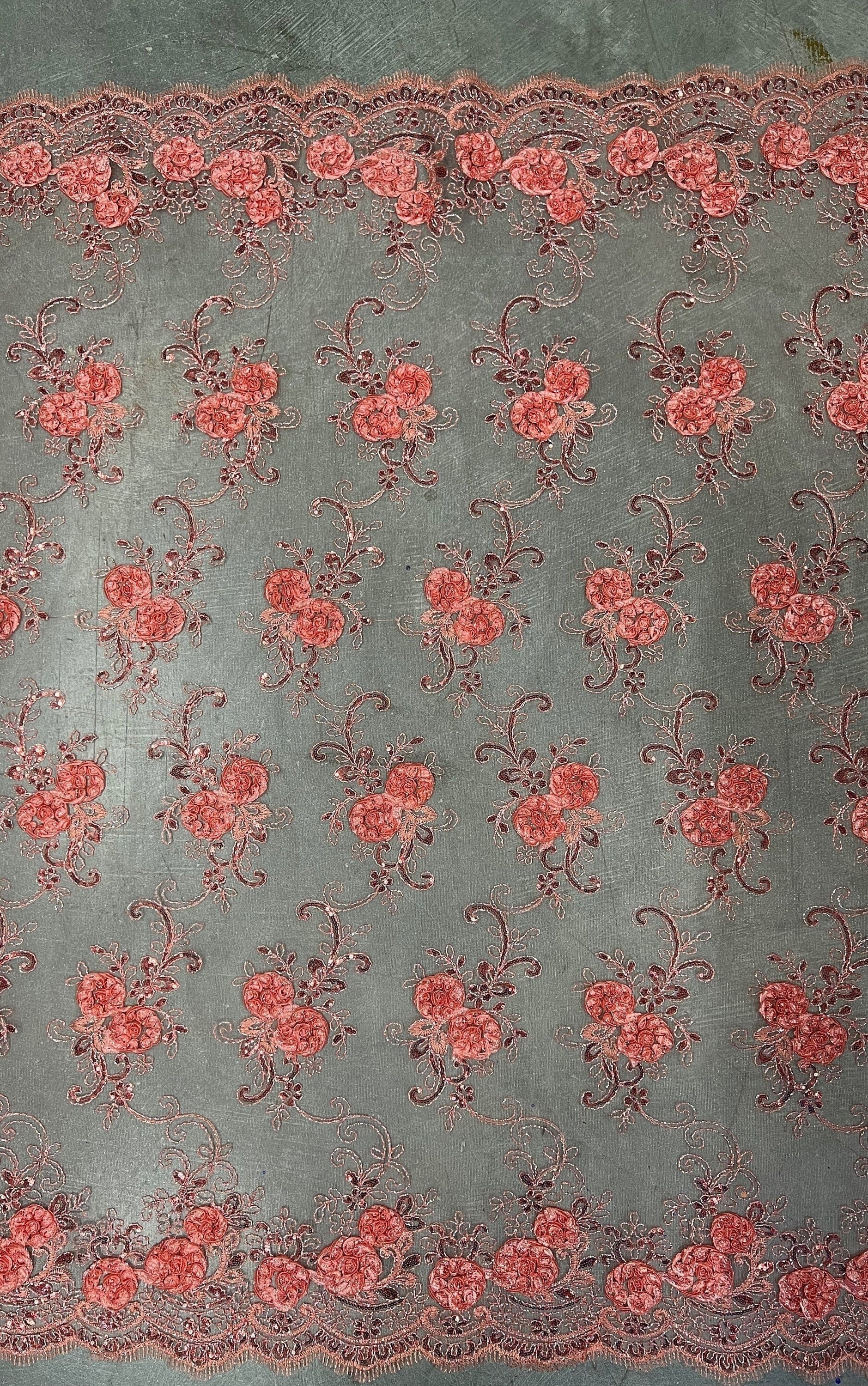 Ryleigh DARK CORAL 3D Floral Embroidery with Foil & Sequins on Mesh Lace Fabric by the Yard - 10010