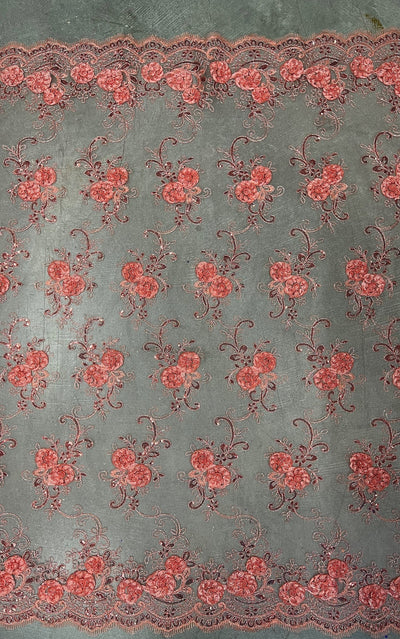Ryleigh DARK CORAL 3D Floral Embroidery with Foil & Sequins on Mesh Lace Fabric by the Yard - 10010