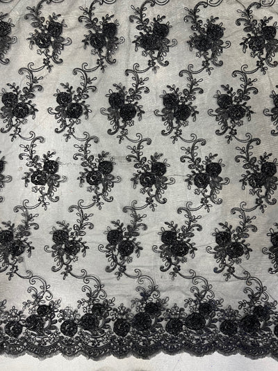 Ryleigh BLACK 3-D Floral Embroidery with Foil & Sequins on Mesh Lace Fabric by the Yard - 10010