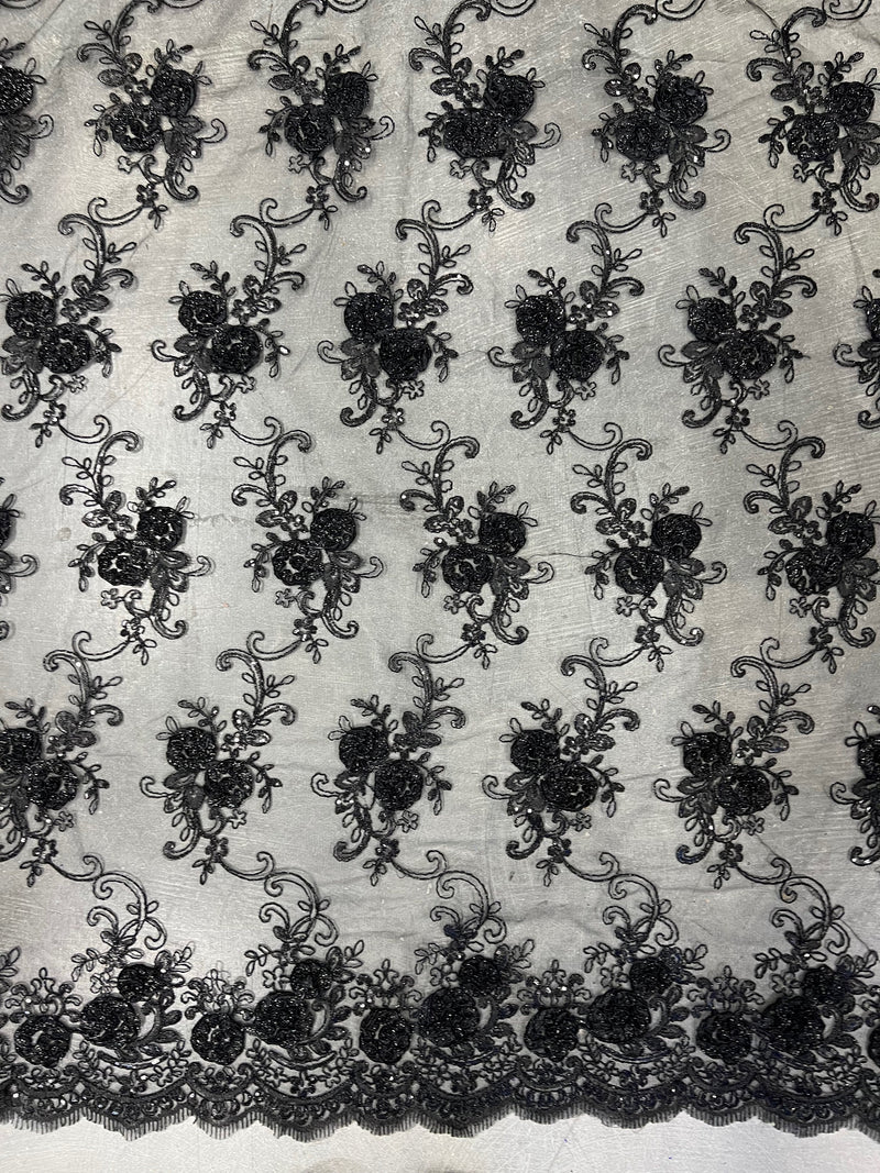 Ryleigh BLACK 3-D Floral Embroidery with Foil & Sequins on Mesh Lace Fabric by the Yard - 10010