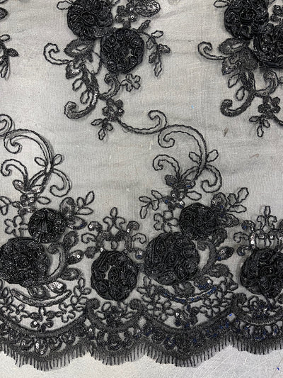 Ryleigh BLACK 3-D Floral Embroidery with Foil & Sequins on Mesh Lace Fabric by the Yard - 10010
