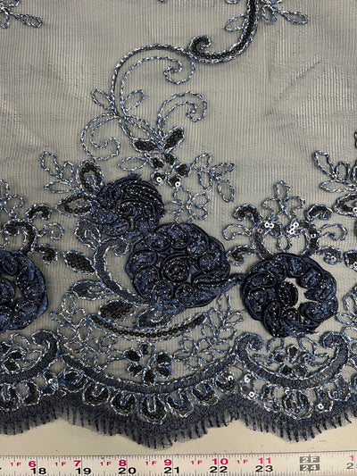 Ryleigh NAVY BLUE 3D Floral Embroidery with Foil & Sequins on Mesh Lace Fabric by the Yard - 10010