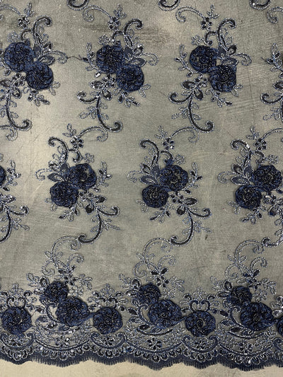 Ryleigh NAVY BLUE 3D Floral Embroidery with Foil & Sequins on Mesh Lace Fabric by the Yard - 10010