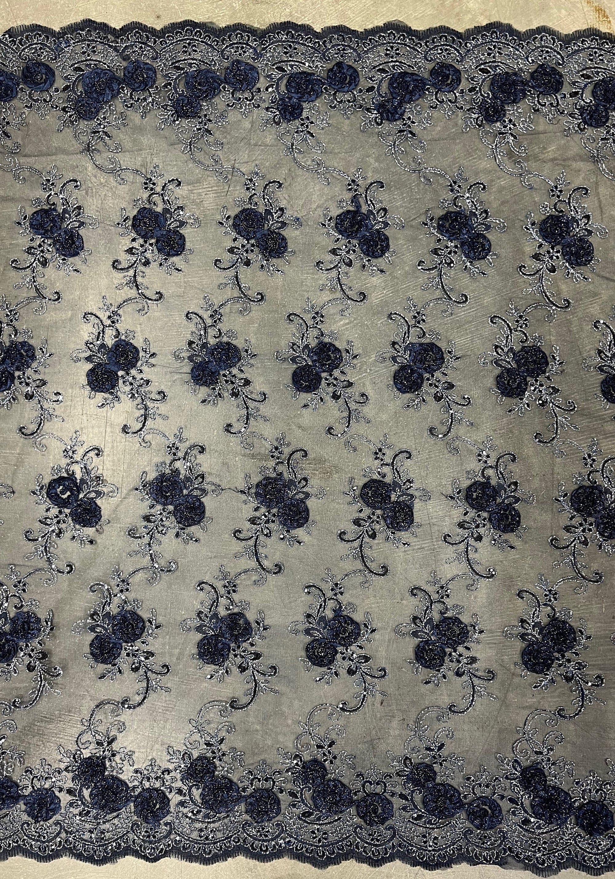 Ryleigh NAVY BLUE 3D Floral Embroidery with Foil & Sequins on Mesh Lace Fabric by the Yard - 10010