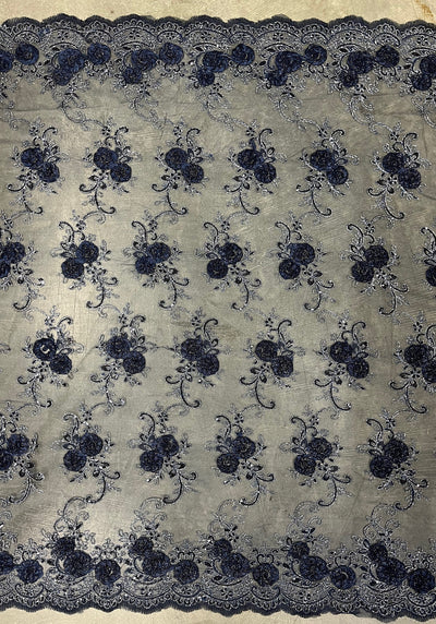 Ryleigh NAVY BLUE 3D Floral Embroidery with Foil & Sequins on Mesh Lace Fabric by the Yard - 10010