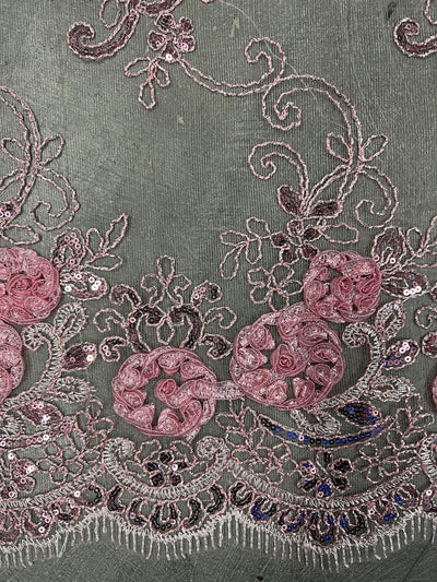 Ryleigh BABY PINK 3D Floral Embroidery with Foil & Sequins on Mesh Lace Fabric by the Yard - 10010