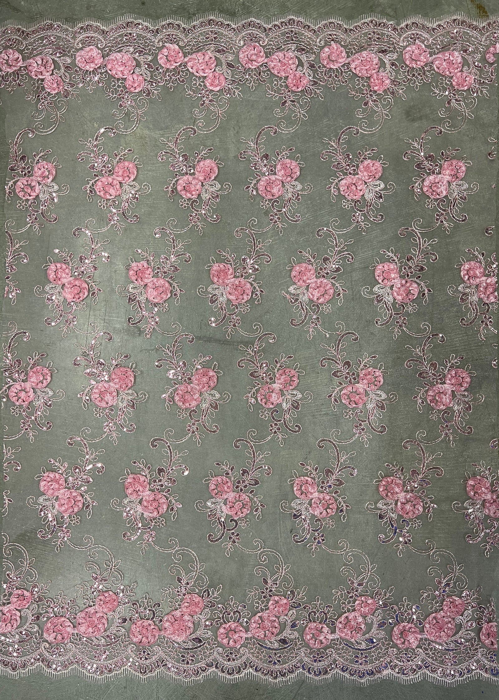 Ryleigh BABY PINK 3D Floral Embroidery with Foil & Sequins on Mesh Lace Fabric by the Yard - 10010