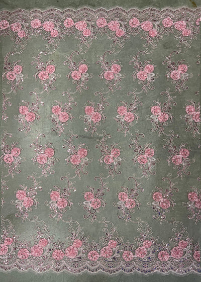 Ryleigh BABY PINK 3D Floral Embroidery with Foil & Sequins on Mesh Lace Fabric by the Yard - 10010