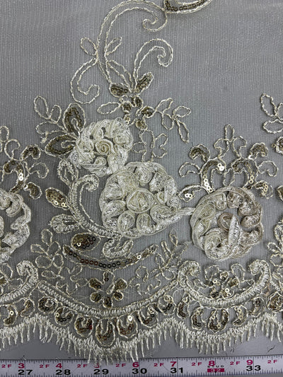 Ryleigh IVORY 3D Floral Embroidery with Foil & Sequins on Mesh Lace Fabric by the Yard - 10010