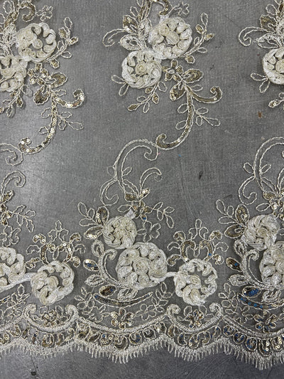 Ryleigh IVORY 3D Floral Embroidery with Foil & Sequins on Mesh Lace Fabric by the Yard - 10010