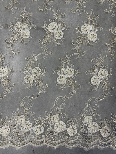 Ryleigh IVORY 3D Floral Embroidery with Foil & Sequins on Mesh Lace Fabric by the Yard - 10010