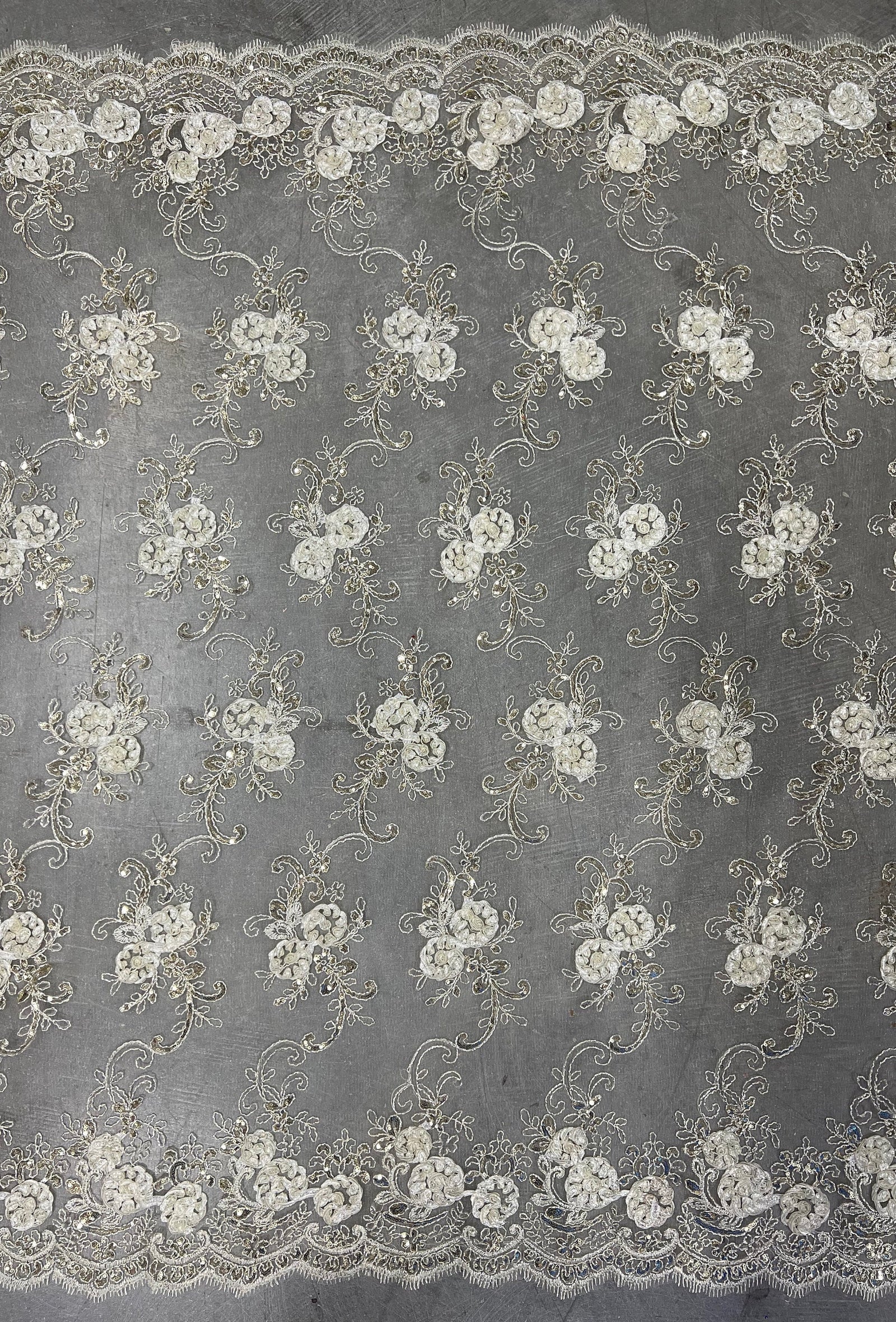 Ryleigh IVORY 3D Floral Embroidery with Foil & Sequins on Mesh Lace Fabric by the Yard - 10010