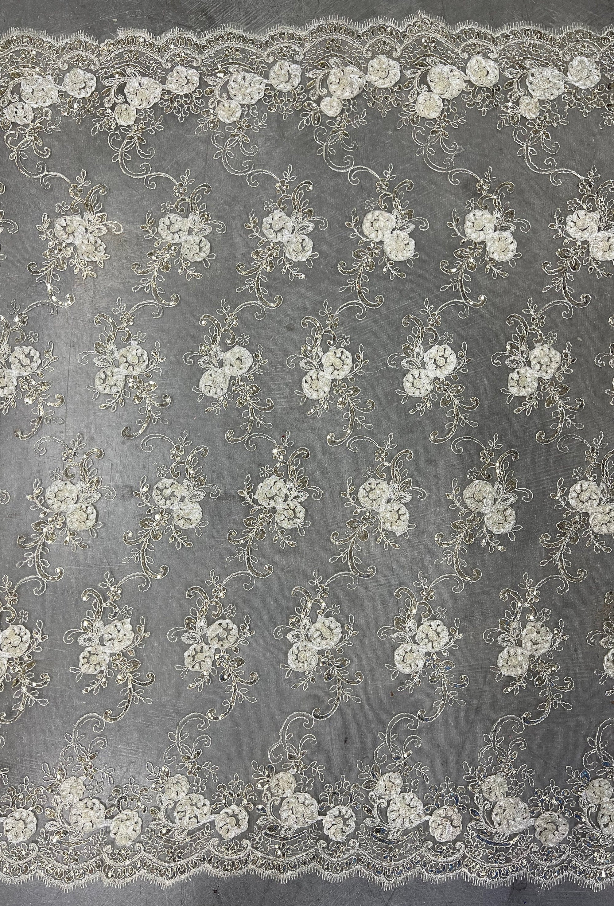 Ryleigh IVORY 3D Floral Embroidery with Foil & Sequins on Mesh Lace Fabric by the Yard - 10010