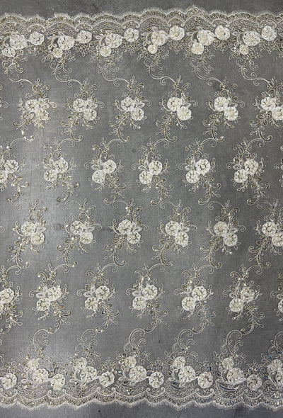 Ryleigh IVORY 3D Floral Embroidery with Foil & Sequins on Mesh Lace Fabric by the Yard - 10010