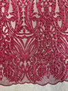 Sabrina BURGUNDY Faux Pearls Beaded Lace Embroidery on Mesh Fabric by the Yard - 10098