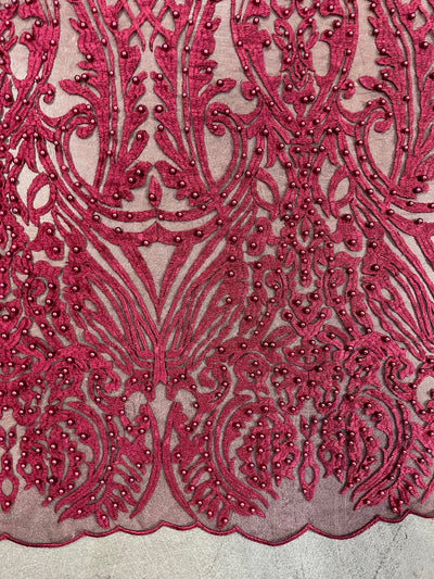 Sabrina BURGUNDY Faux Pearls Beaded Lace Embroidery on Mesh Fabric by the Yard - 10098