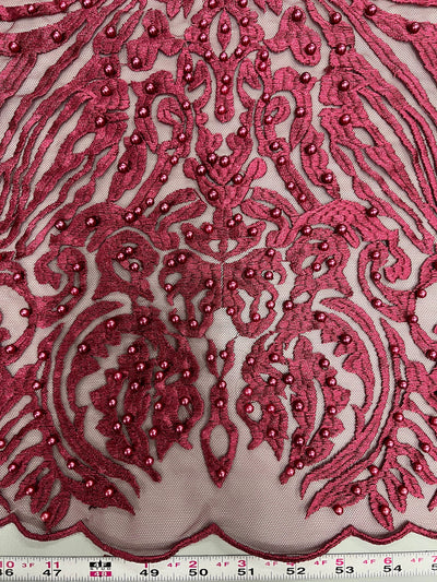 Sabrina BURGUNDY Faux Pearls Beaded Lace Embroidery on Mesh Fabric by the Yard - 10098