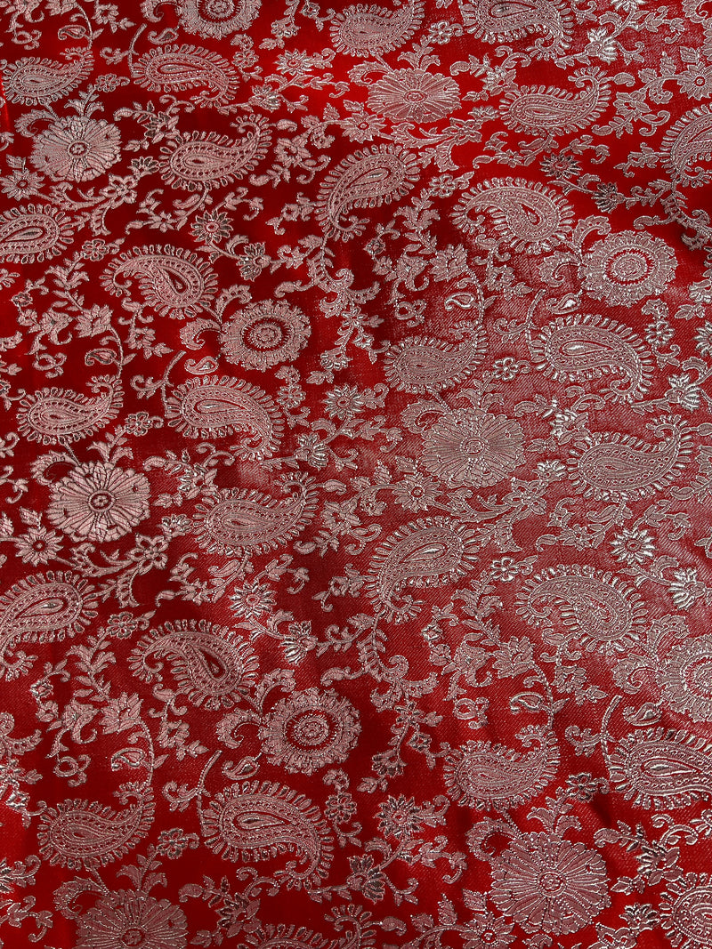 Holly RED Paisley Floral Brocade Chinese Satin Fabric by the Yard - 10129