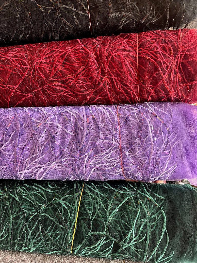 Julie HUNTER GREEN Polyester Filament Pattern with Sequins on Mesh Lace Fabric by the Yard for Gown, Wedding, Bridesmaid, Prom - 10154