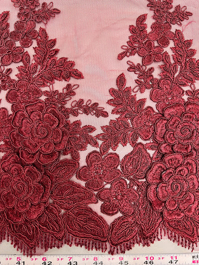 Alessia BURGUNDY Polyester 3D Floral Embroidery on Mesh Lace Fabric by the Yard - 10174