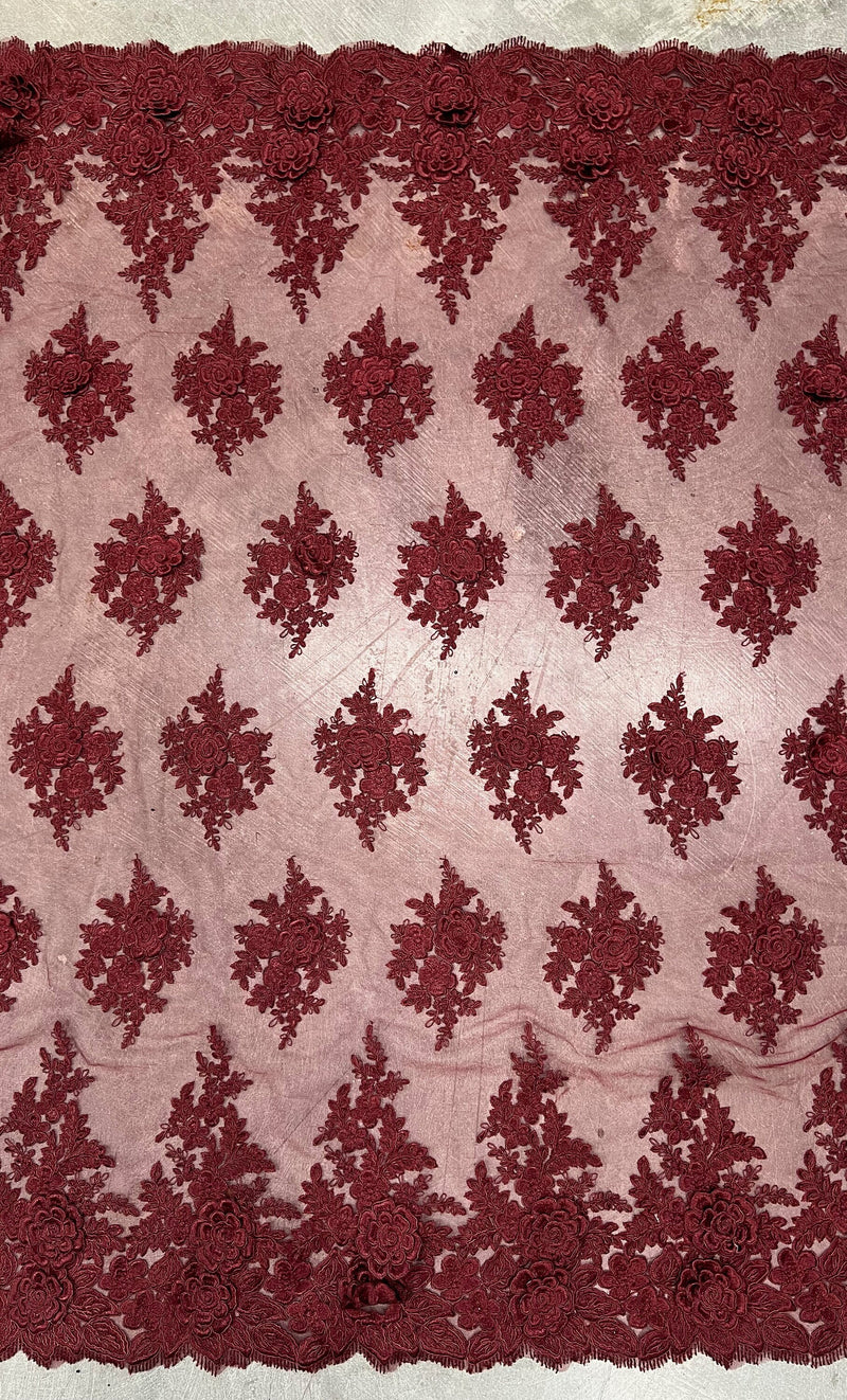 Alessia BURGUNDY Polyester 3D Floral Embroidery on Mesh Lace Fabric by the Yard - 10174
