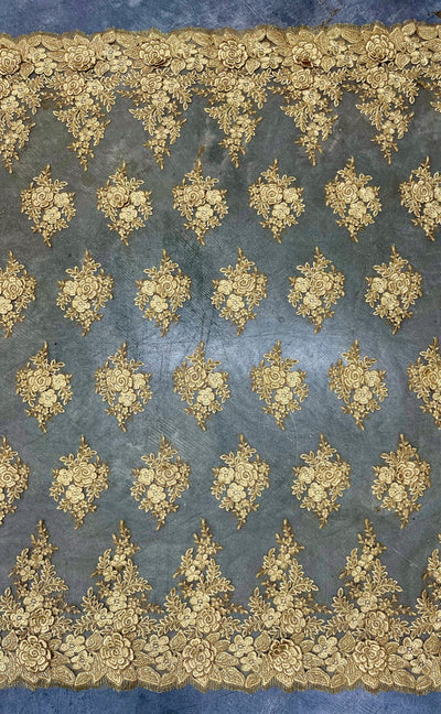 Alessia GOLD Polyester 3D Floral Embroidery on Mesh Lace Fabric by the Yard - 10174