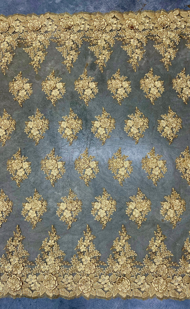 Alessia GOLD Polyester 3D Floral Embroidery on Mesh Lace Fabric by the Yard - 10174