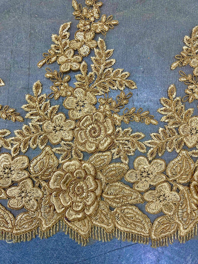 Alessia GOLD Polyester 3D Floral Embroidery on Mesh Lace Fabric by the Yard - 10174