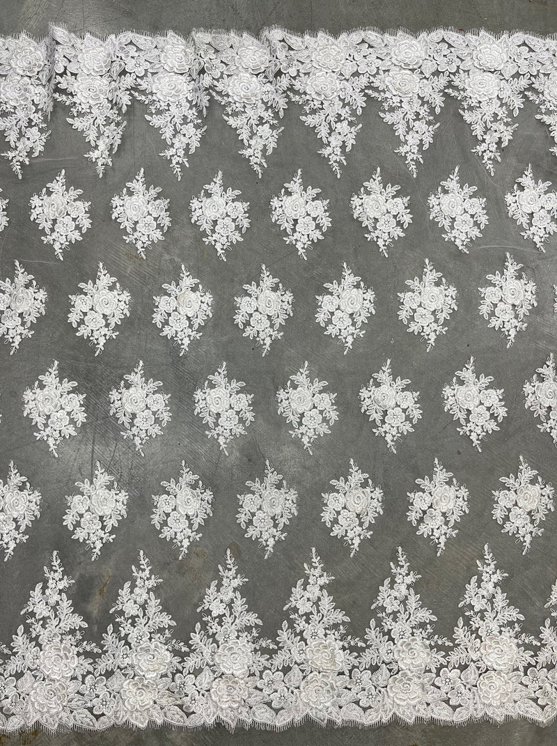 Alessia OFF WHITE Polyester 3D Floral Embroidery on Mesh Lace Fabric by the Yard - 10174