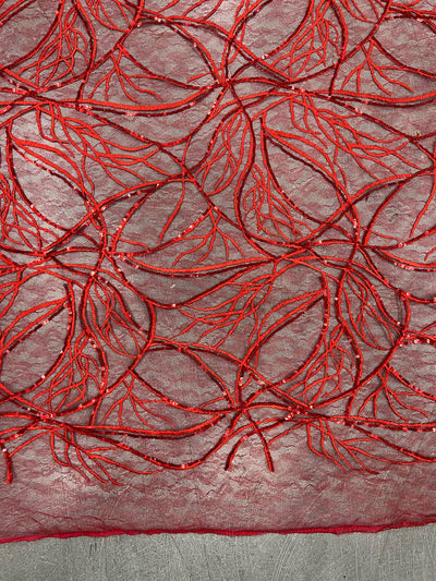 Julie RED Polyester Filament Pattern with Sequins on Mesh Lace Fabric by the Yard for Gown, Wedding, Bridesmaid, Prom - 10154