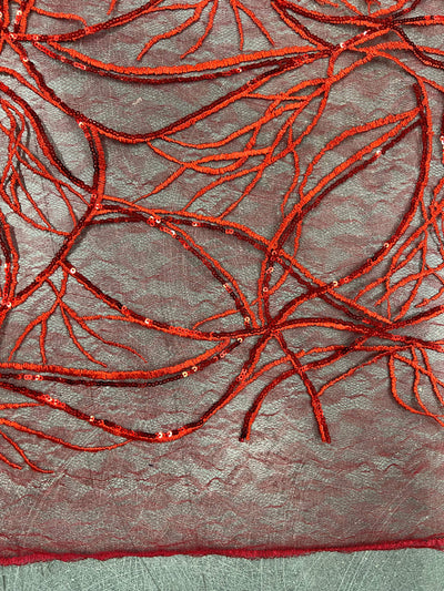 Julie RED Polyester Filament Pattern with Sequins on Mesh Lace Fabric by the Yard for Gown, Wedding, Bridesmaid, Prom - 10154